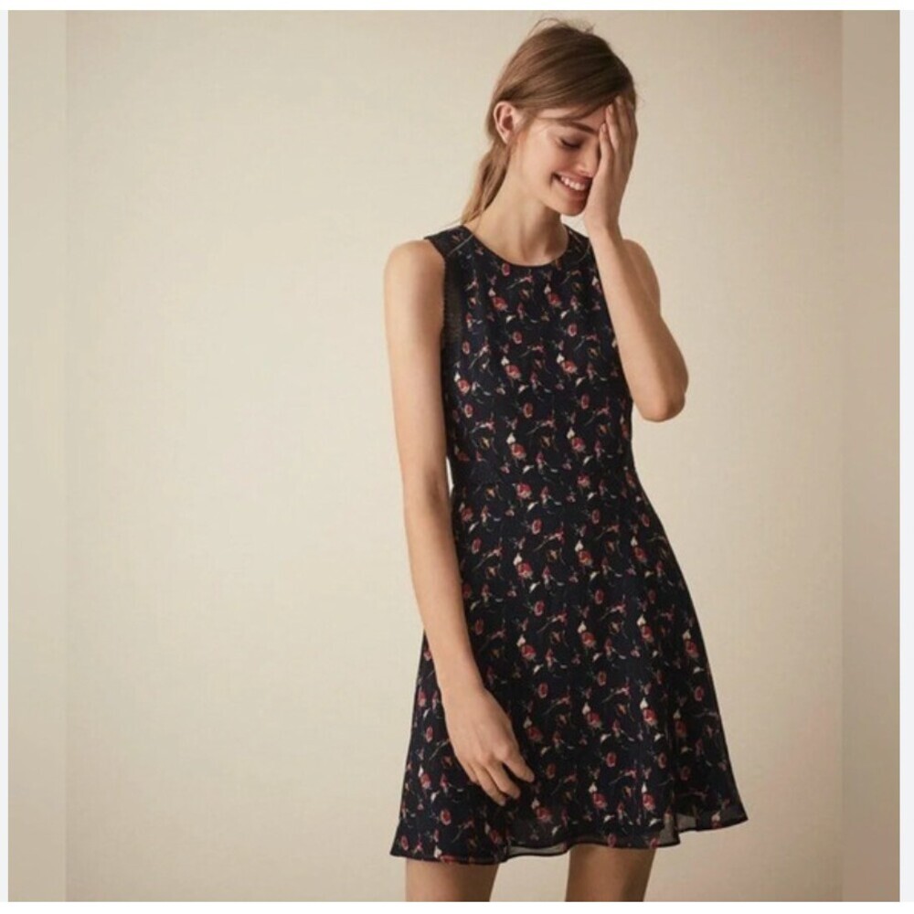 Reiss Louise Dress Womens 8 Blue Floral Sleeveless Crochet Fit Flare Cocktail